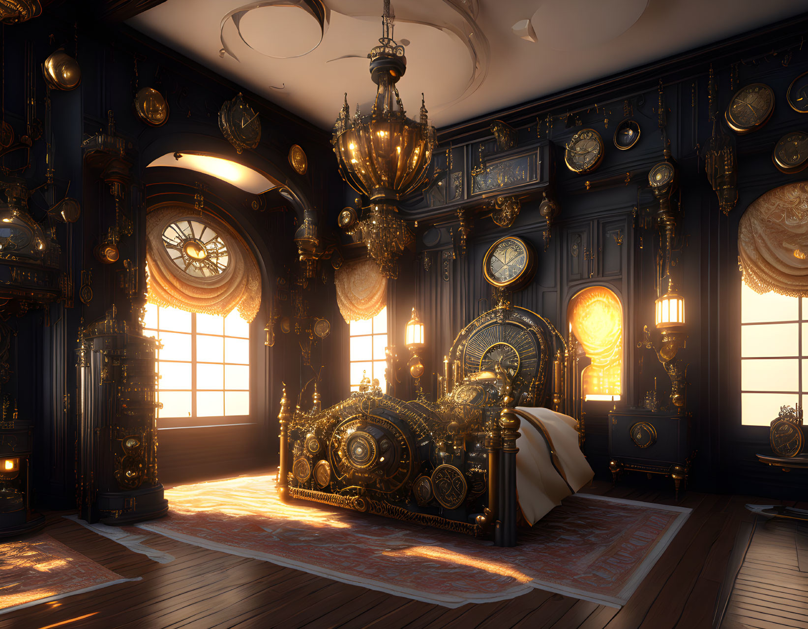 Luxurious steampunk-themed room with golden gears, clocks, lavish bed, sunlight, and ch