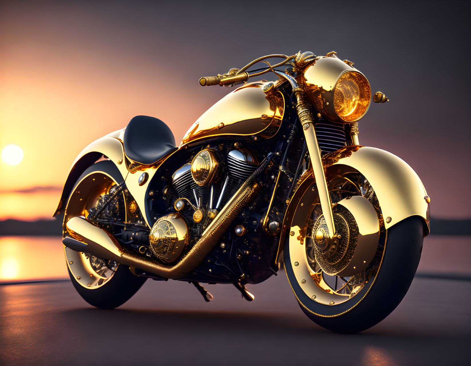 Golden Motorcycle with Intricate Designs at Sunset Waterfront