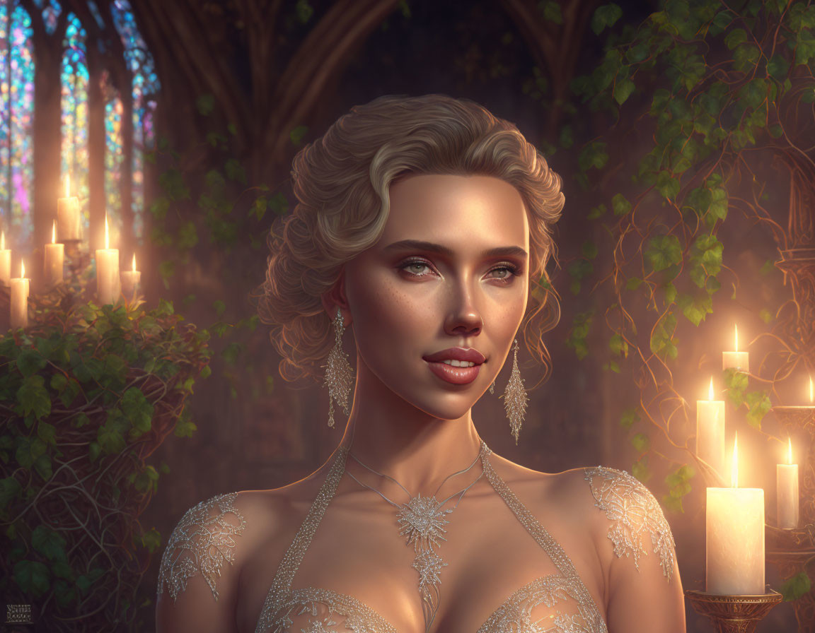 Blonde Woman Portrait in Elegant Setting with Candles & Stained Glass