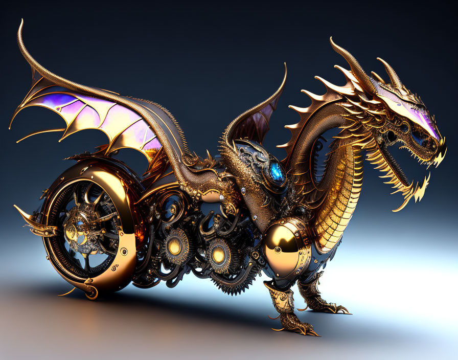 Mechanical Dragon Artwork with Golden Gears and Motorcycle Wheel