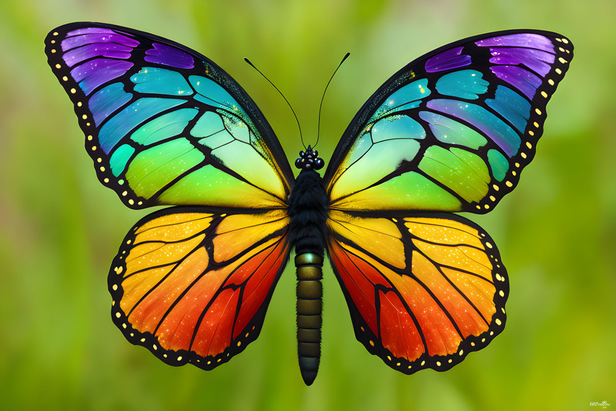 Colorful Multicolored Butterfly with Symmetrical Wing Patterns on Green Background