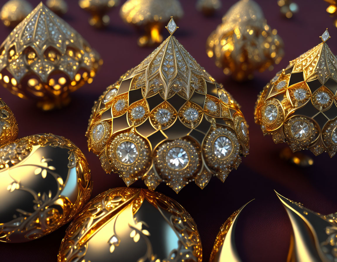 Intricate Golden Ornaments with Sparkling Gems on Deep Red Background