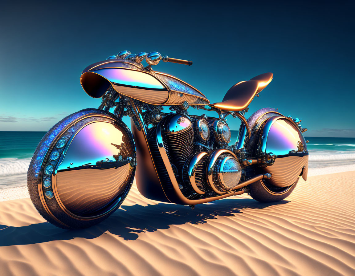 Chrome and Iridescent Futuristic Motorcycle on Sandy Beach