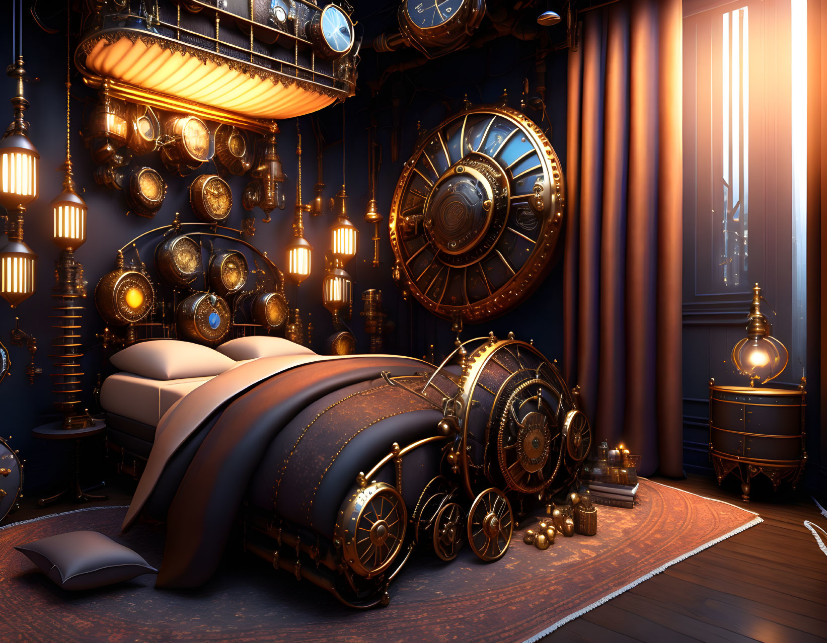 Steampunk-themed bedroom with brass gears, vintage locomotive bed, ornate lighting, rich color