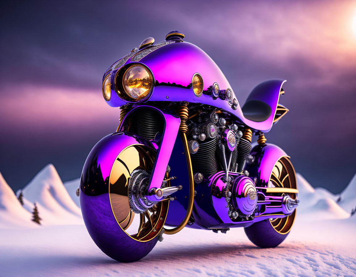 Purple futuristic motorcycle in snowy landscape under warm twilight sky