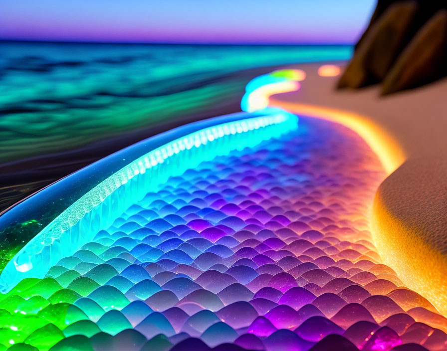 Vibrant LED Lights on Textured Object with Ocean Sunset Backdrop