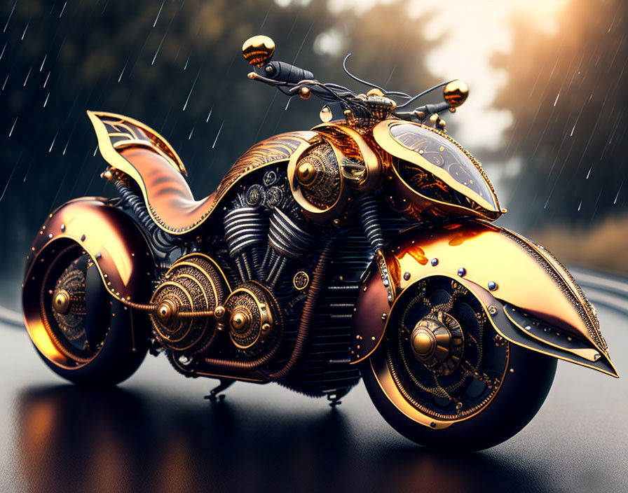 Stylized ornate motorcycle with gold and bronze details in dramatic rain setting