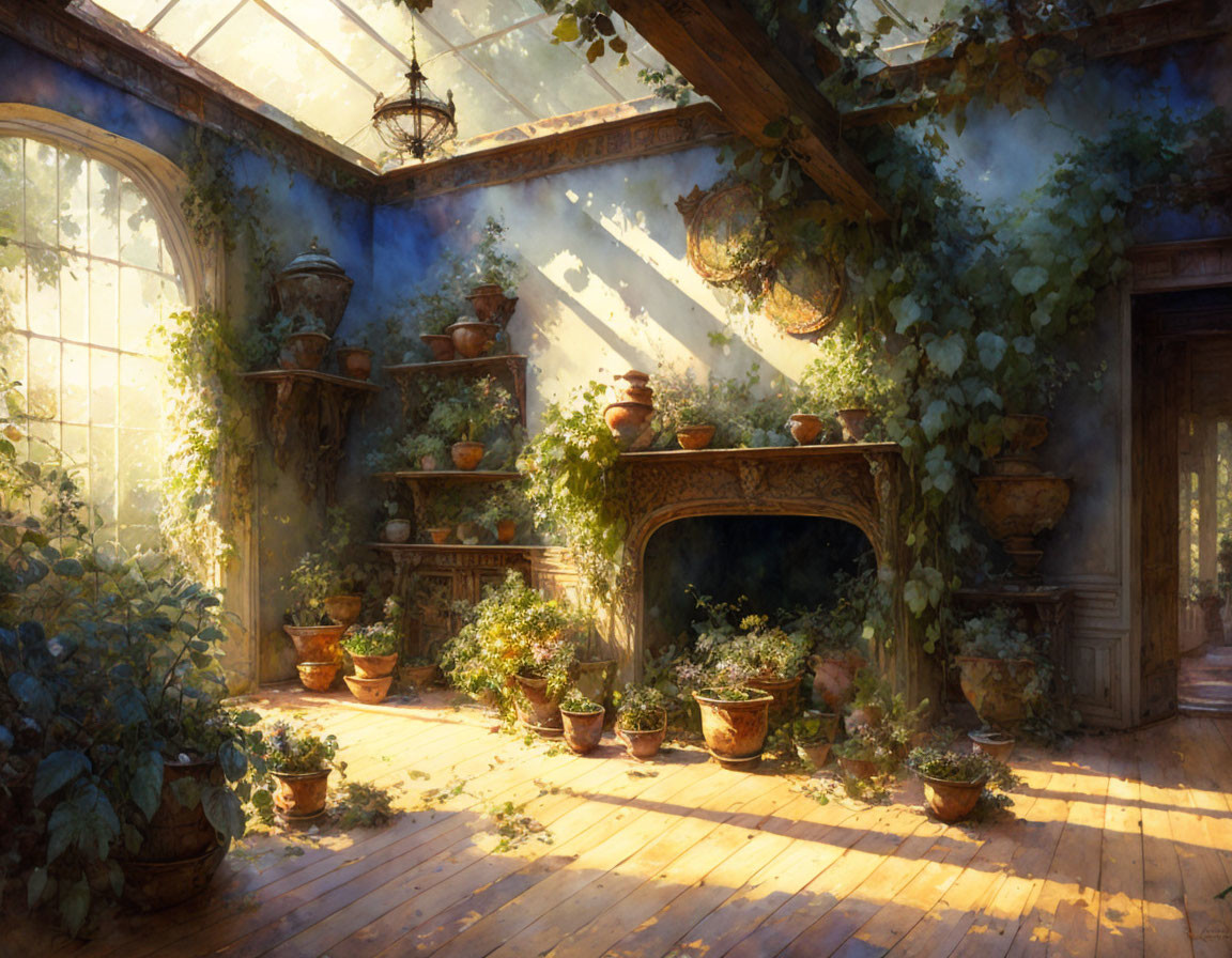 Cozy room with fireplace, plants, and wooden beams in warm sunlight