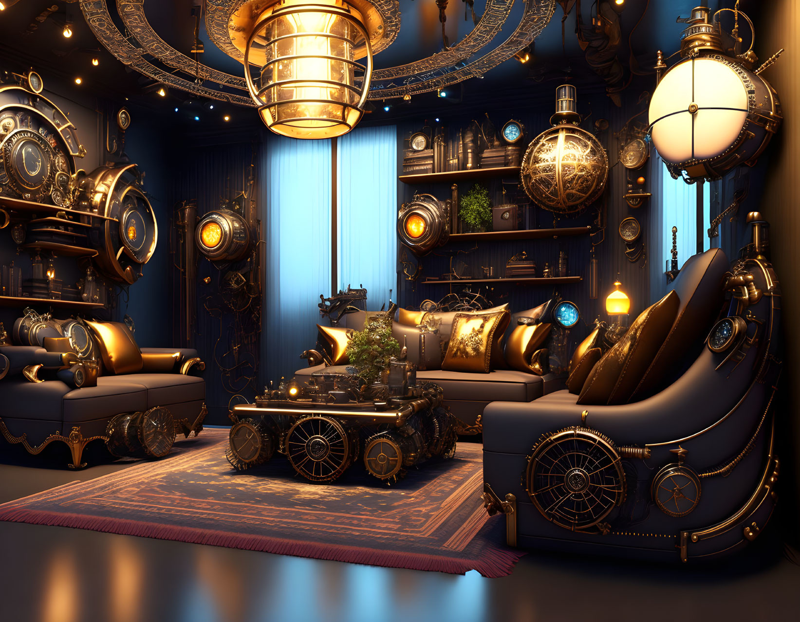 Steampunk-themed Room with Vintage Machinery and Brass Furniture