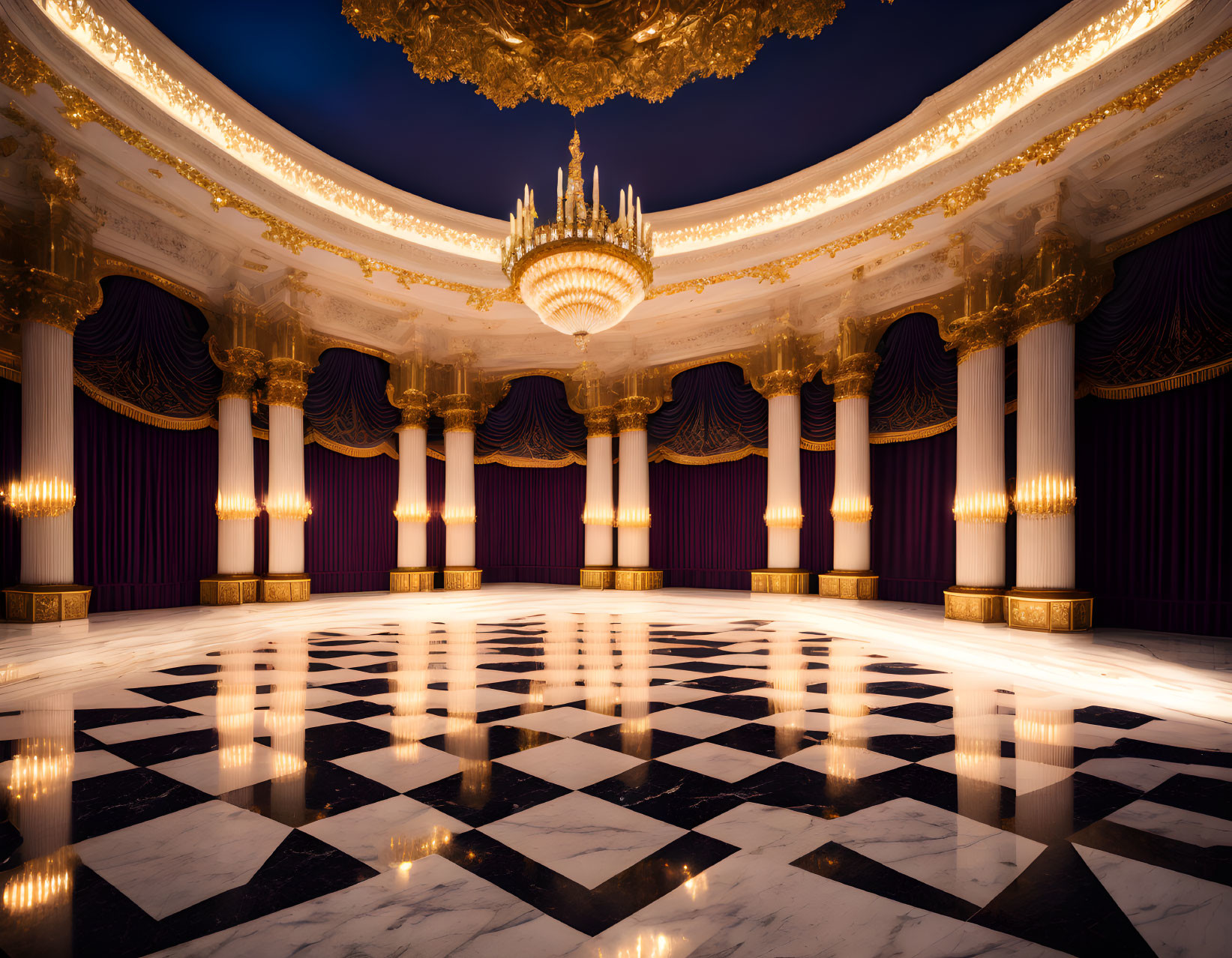 Opulent hall with marble floors, grand chandeliers, gold accents, purple drapes