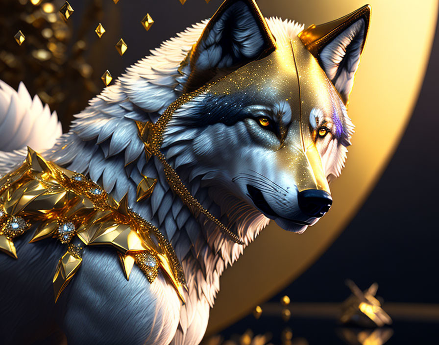 Majestic wolf digital art with golden fur and geometric ornaments