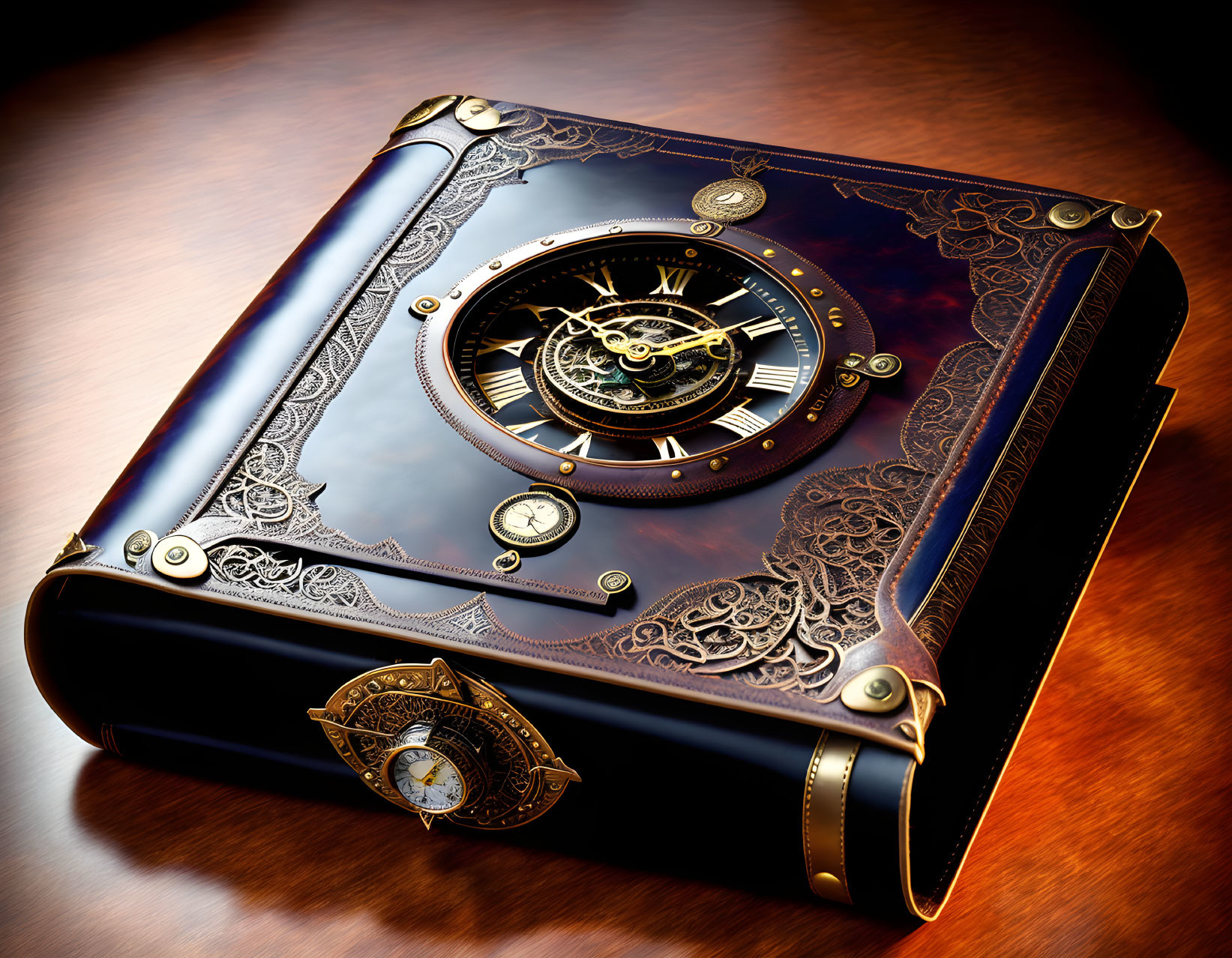 Luxurious Leather-Bound Book with Golden Clock and Filigree Design