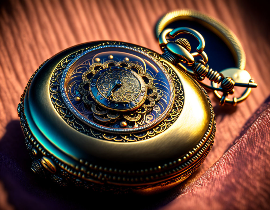 Intricate golden pocket watch on textured pink fabric embodies vintage elegance