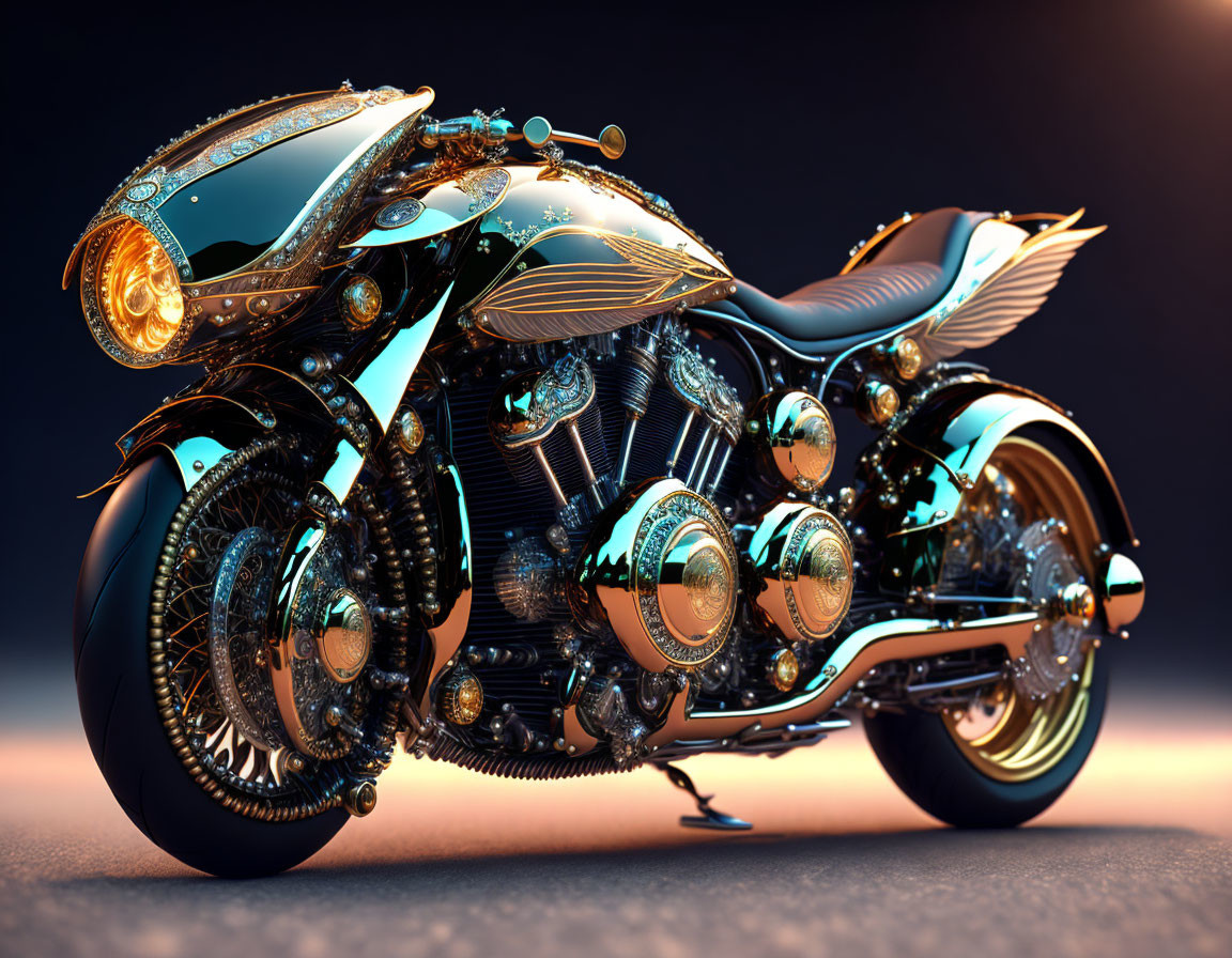 Steampunk-inspired futuristic motorcycle with ornate gold and brass details