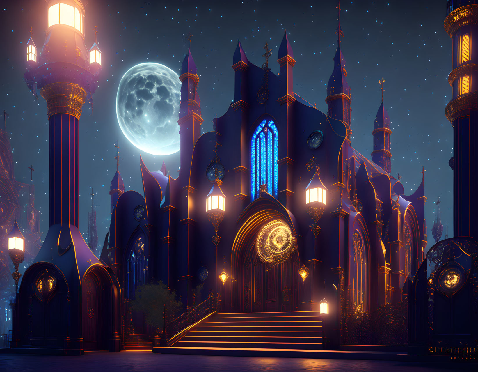 Gothic castle at night with glowing lamps and full moon