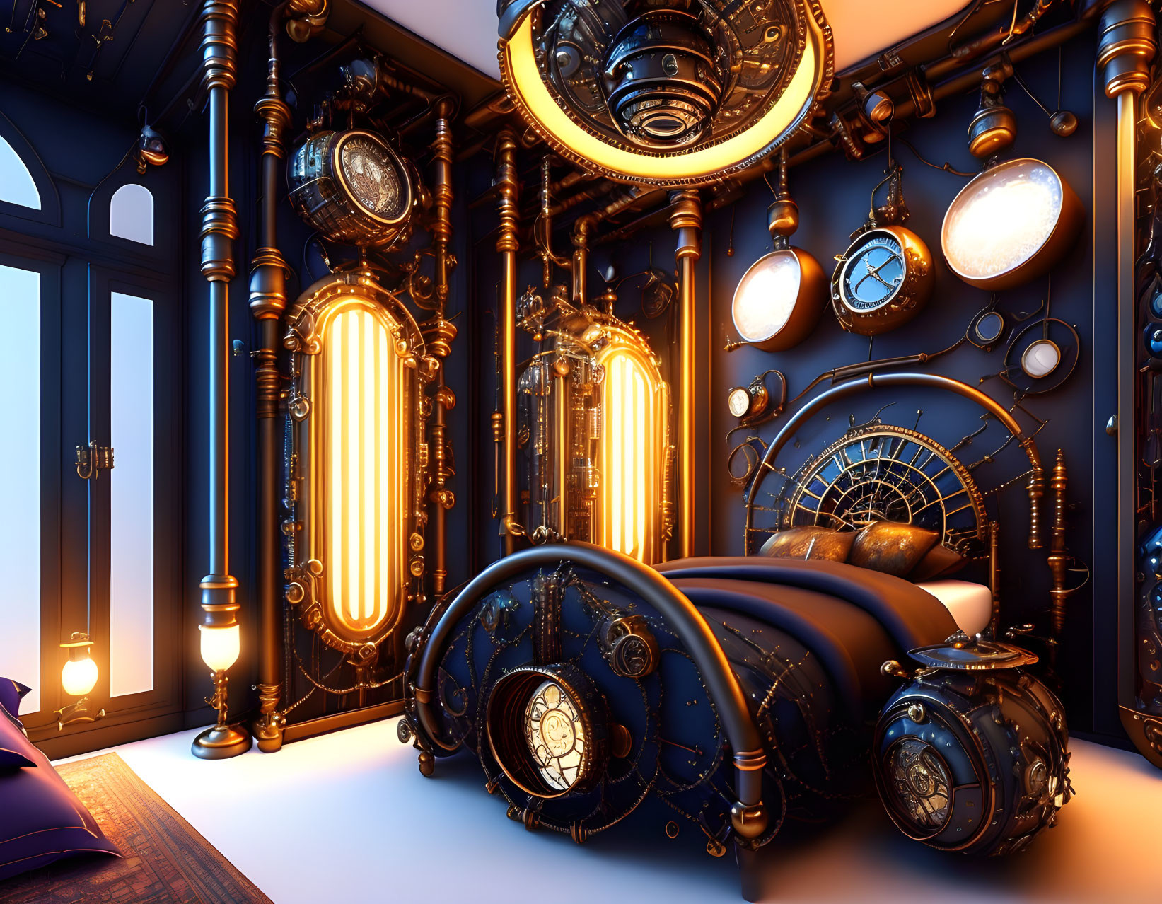 Steampunk-themed room with bronze gears, globes, clocks, and warm lighting