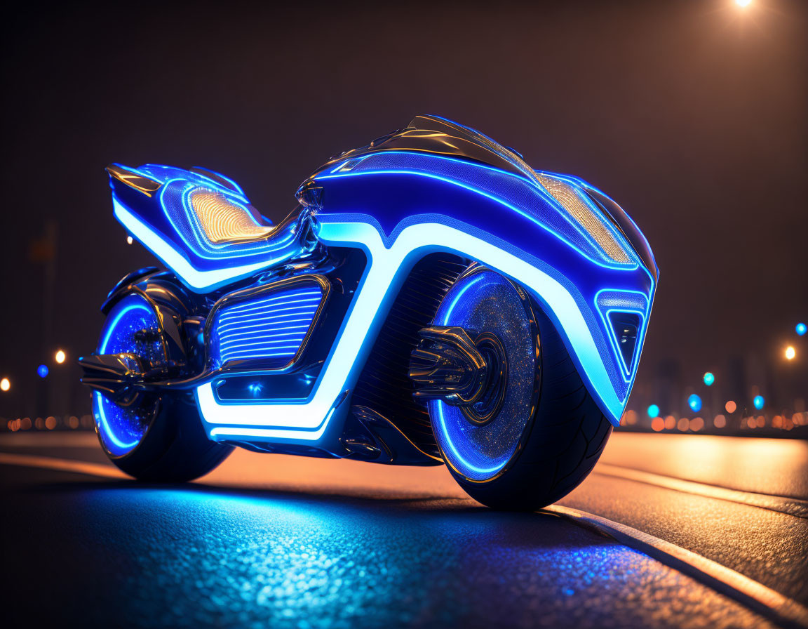 Sleek futuristic motorcycle with neon blue lights in urban night scene