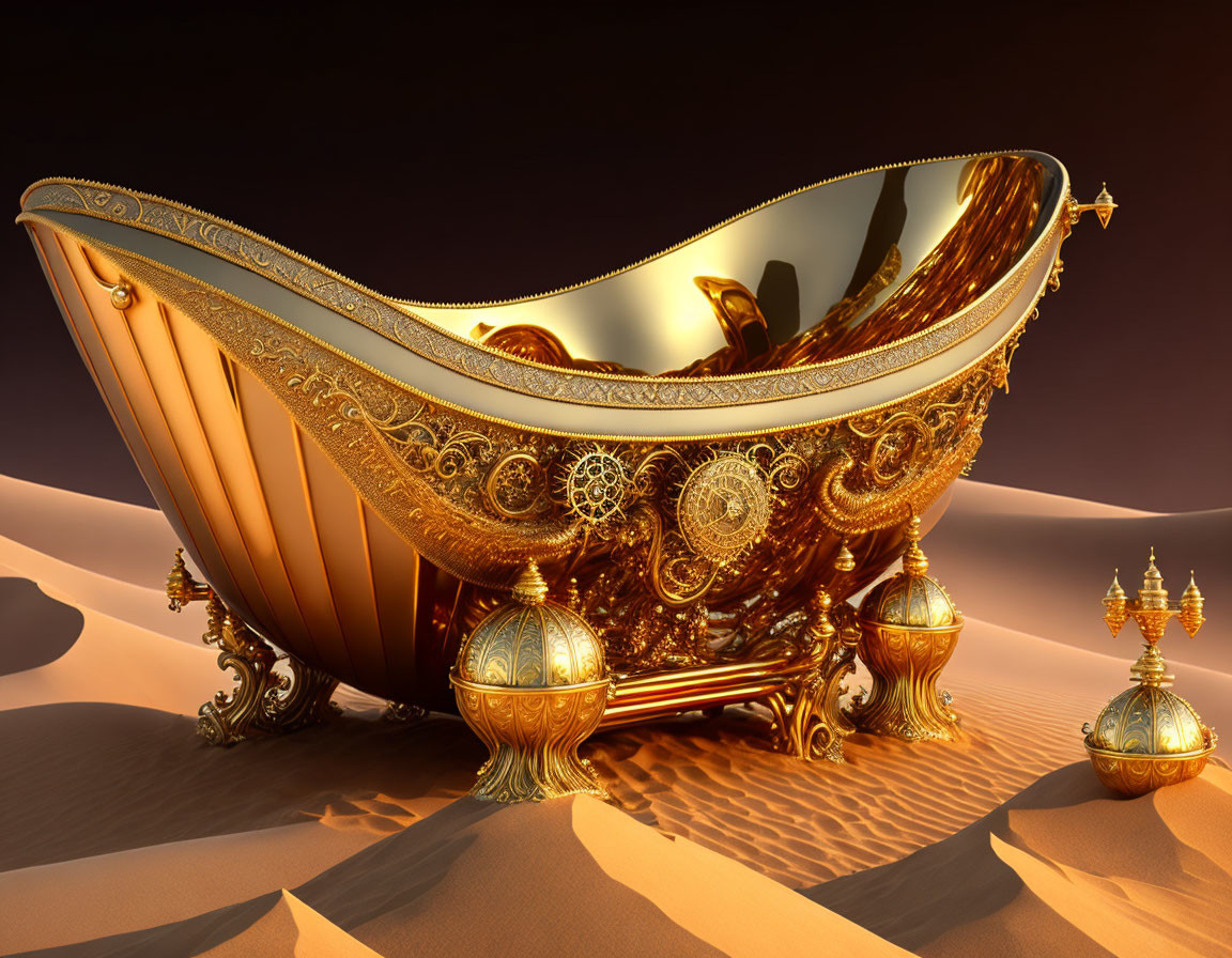 Golden ornate bathtub on sandy desert with decorative spheres
