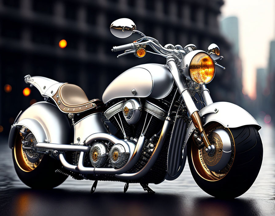 Vintage Silver Motorcycle with Chrome Details and Leather Seat on Urban Street at Dusk