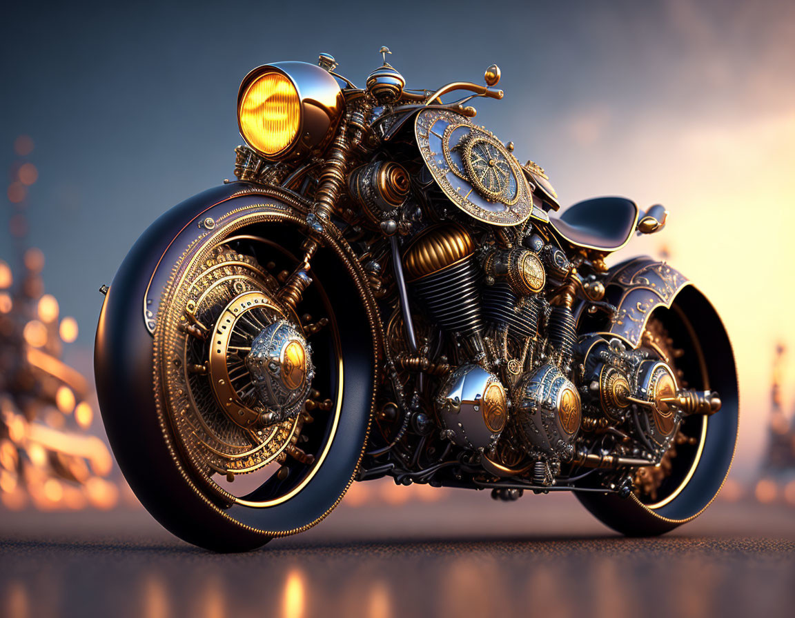 Detailed Steampunk Motorcycle with Gears on Cityscape at Sunset