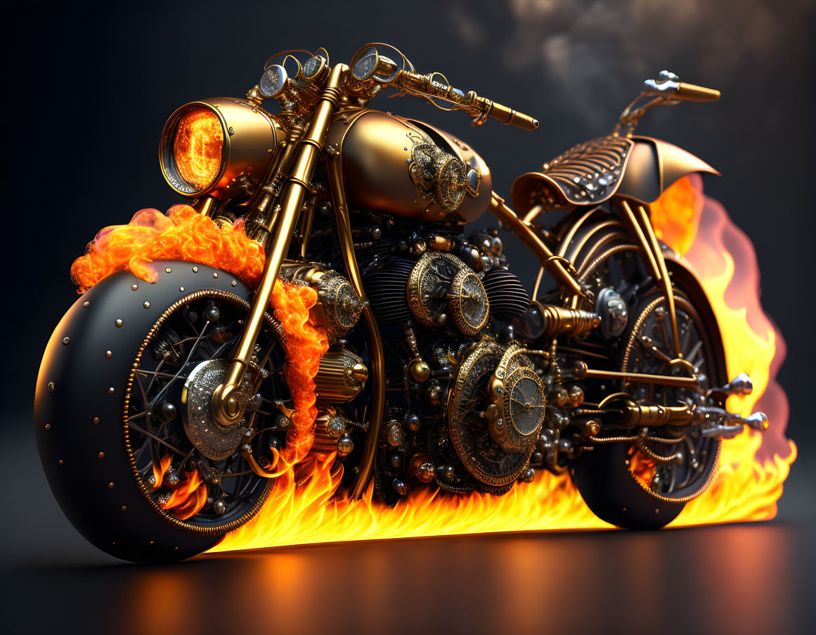 Detailed Steampunk-Style Motorcycle Illustration with Flaming Exhaust