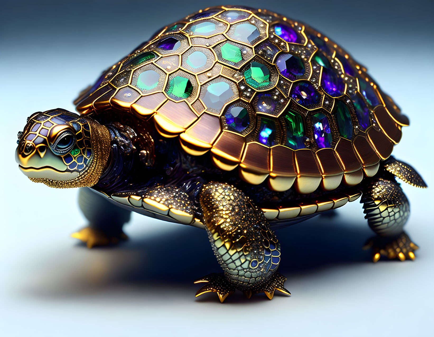 Colorful Hexagon-Patterned Turtle with Jewel-Like Shell on Blue Background