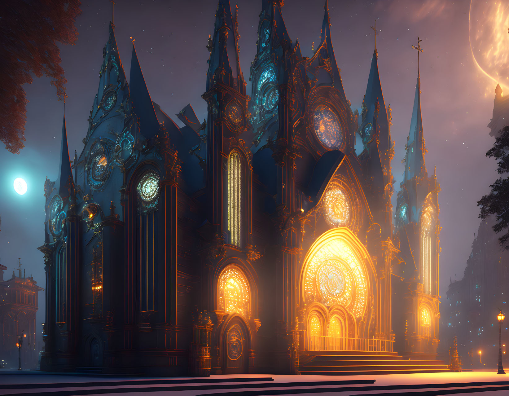 Gothic cathedral night scene with warm lights and moonlit sky