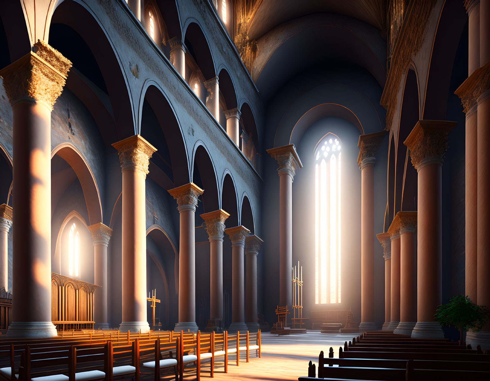 Majestic cathedral interior with columns, arched ceilings, and stained glass window