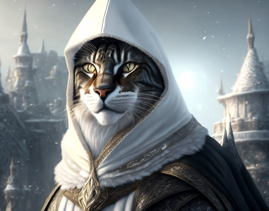 Digital Artwork: Cat in Assassin's Creed Outfit at Snowy Castle