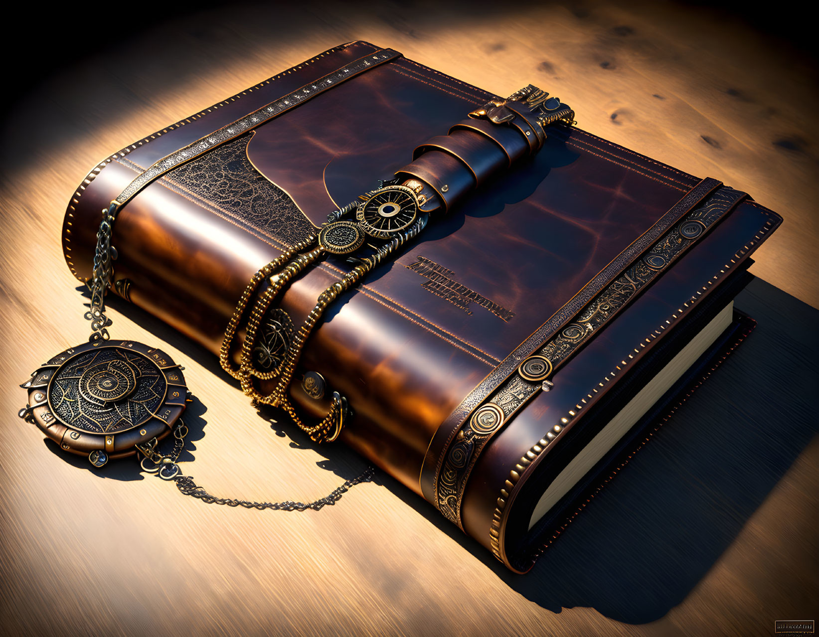 Intricately designed leather-bound book with metallic gears and chained medallion