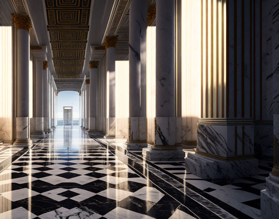 Polished checkered floor, marble columns, intricate ceiling details in elegant corridor