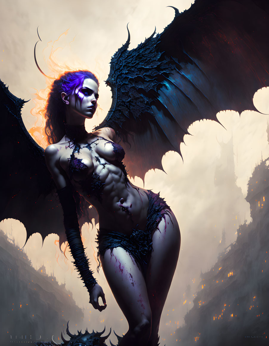 Dark Fantasy Image: Female Character with Purple Hair and Wings in Menacing Cityscape