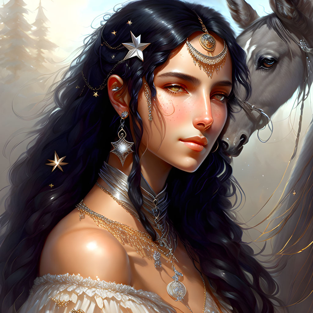 Dark-haired woman with star accessories and elegant jewelry beside a horse in a fantasy-themed setting.