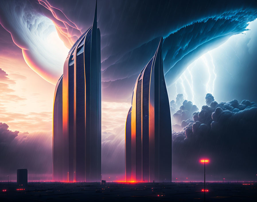 Futuristic skyscrapers under dramatic stormy sky