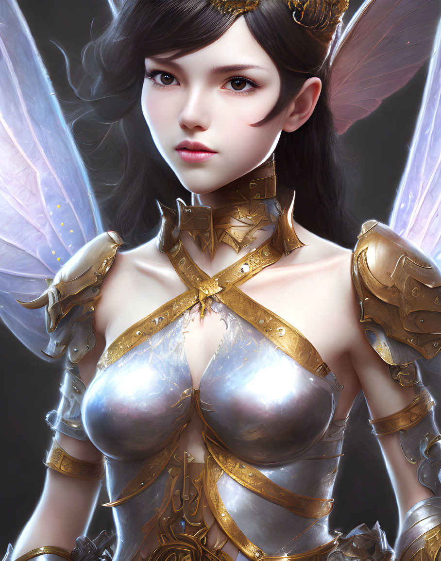 Fantastical female character with elfin ears, radiant wings, and golden armor