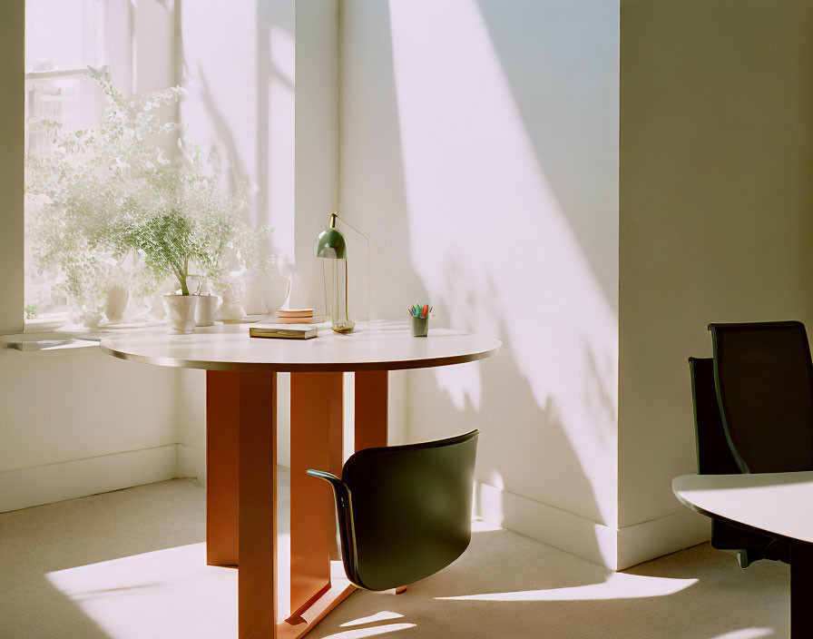 Minimalist Office Setup with Round Table, Black Chair, Books, Plant, and Stationery