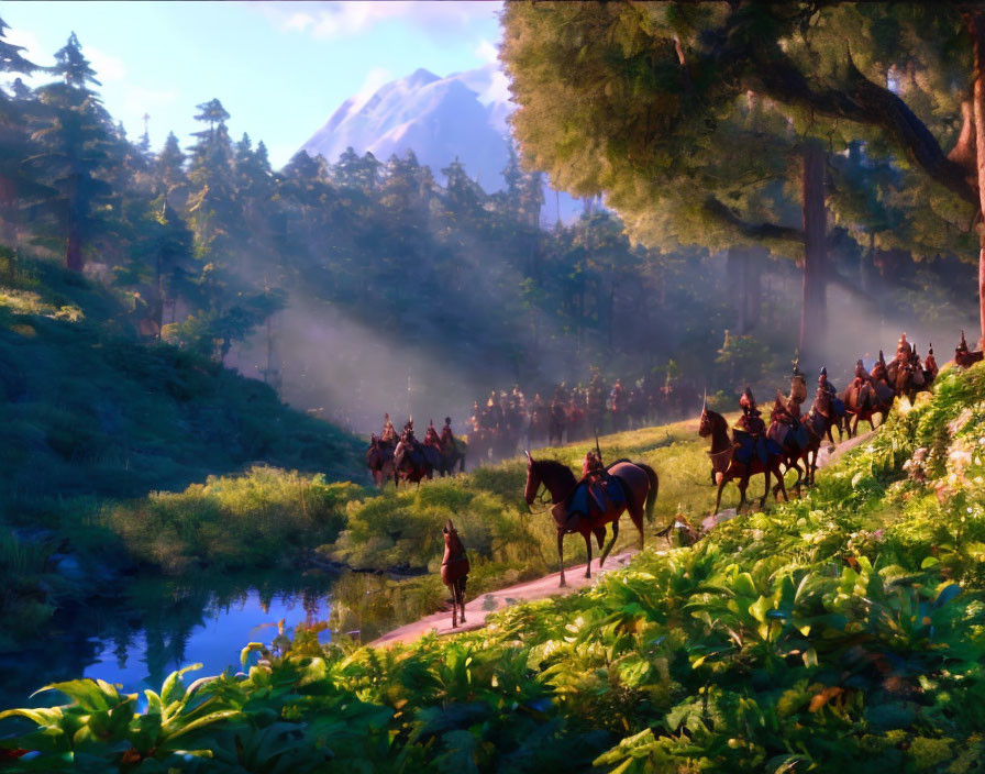 Forest horseback riders following leader by river in sunlight