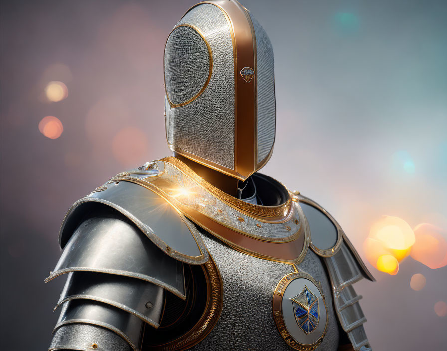 Golden Decorated Knight in Shining Armor on Bokeh Light Background