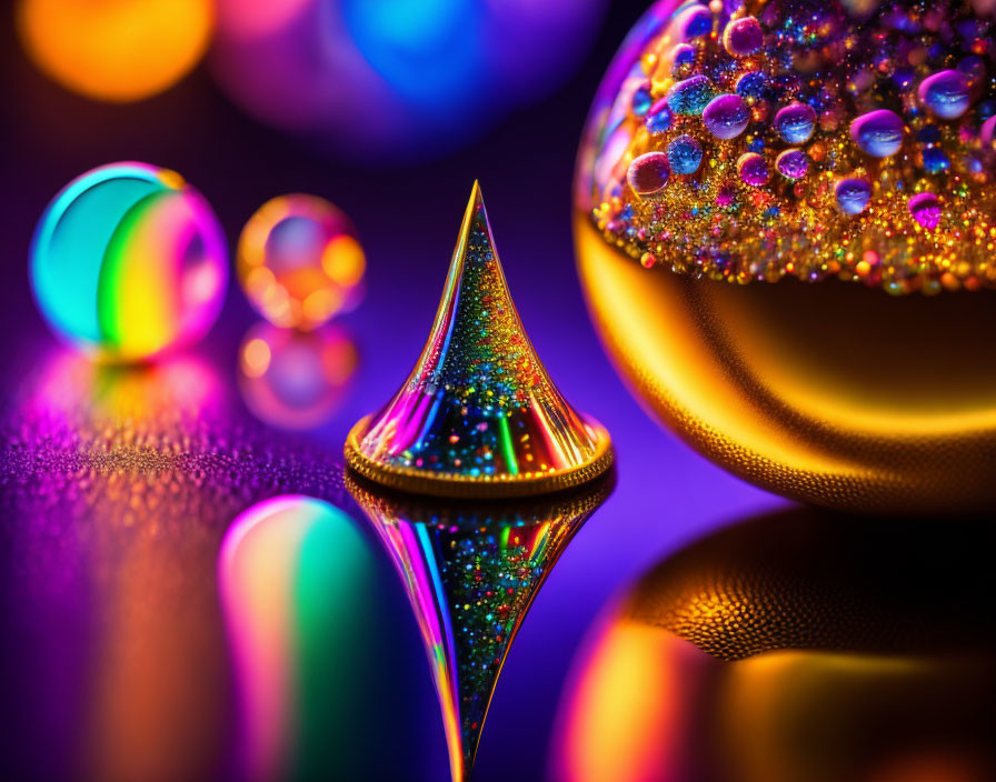 Colorful Macro Shot of Glittery Droplet Object Amid Reflective Spheres