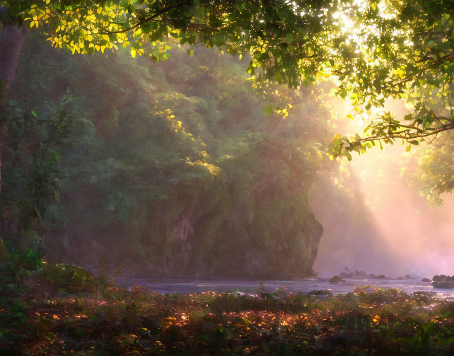 Misty forest with serene river and lush green foliage