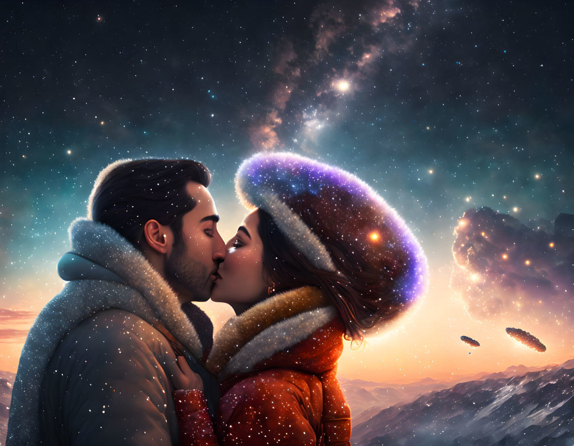 Couple kissing under cosmic sky with snowy mountain landscape and UFO trio