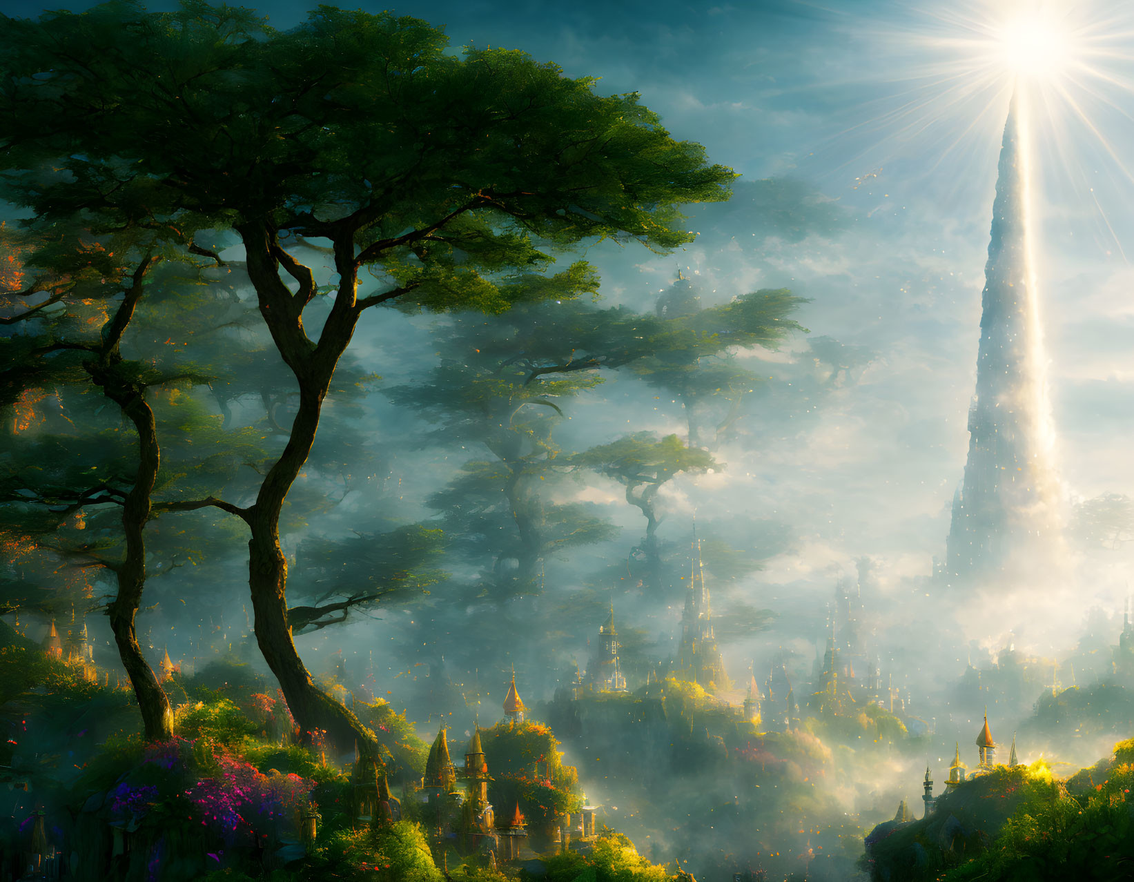 Mystical forest scene with sunlight, ancient trees, and golden city spires