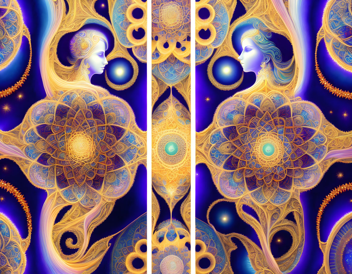 Vibrant digital artwork: Woman's mirrored profiles, flowing hair, intricate symmetrical patterns, celestial