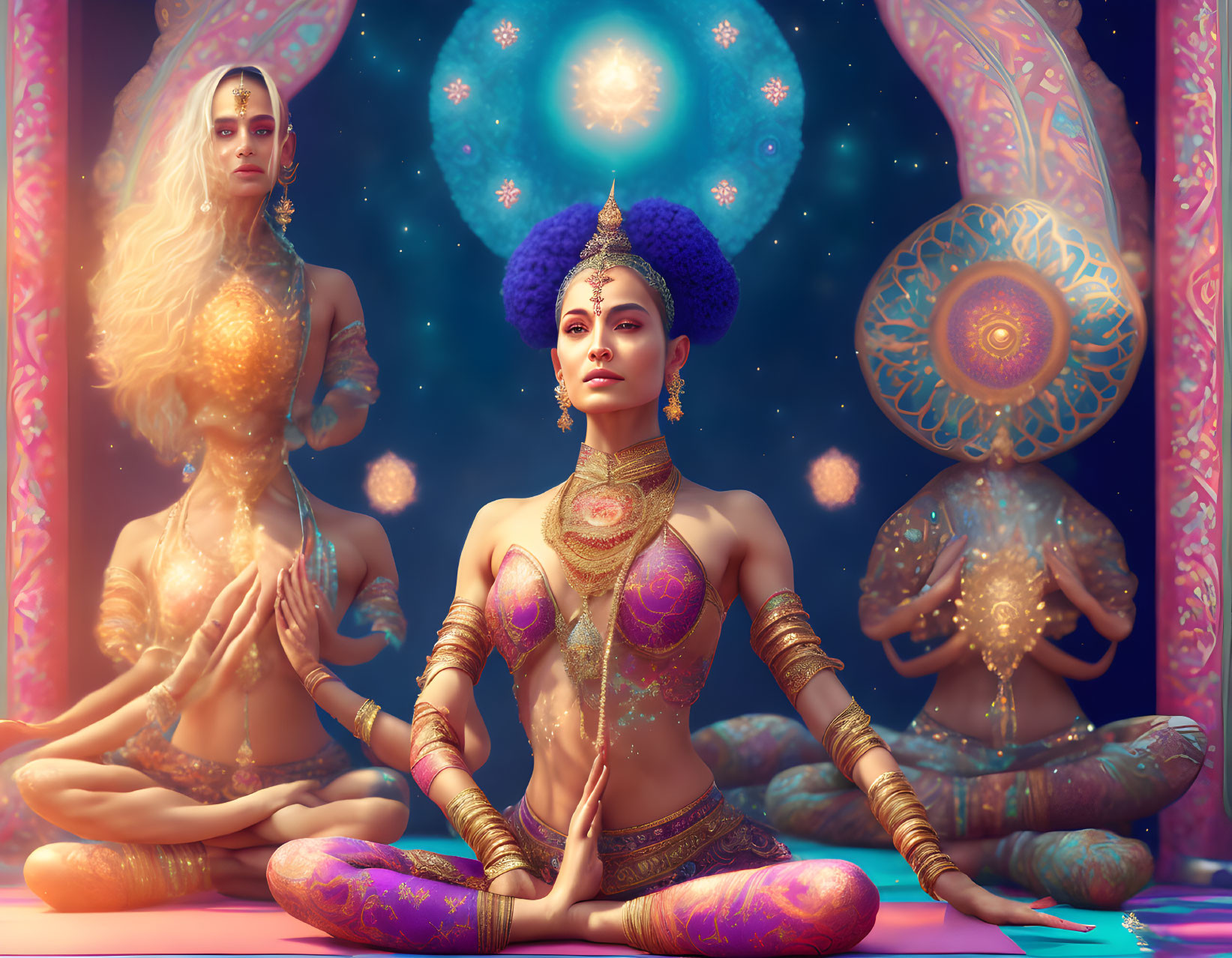 Stylized women meditate in vibrant, cosmic setting