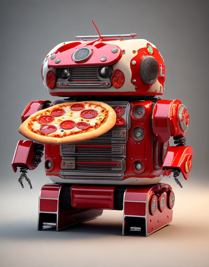 Whimsical robot with red VW Beetle head, pizza compartment, boombox torso, tape decks,