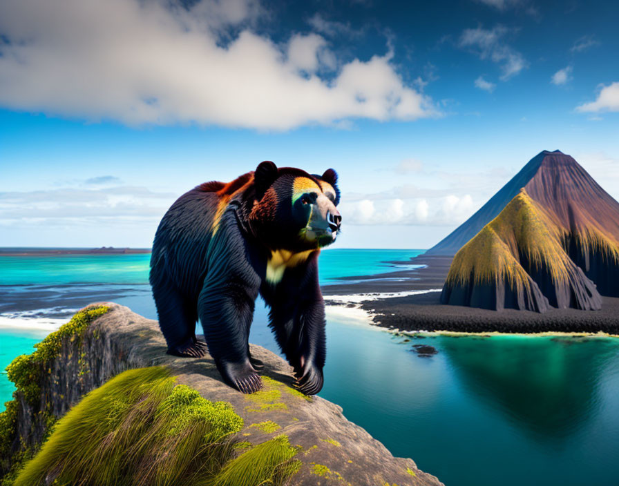 Large Bear on Grass-Covered Cliff Overlooking Volcanic Island