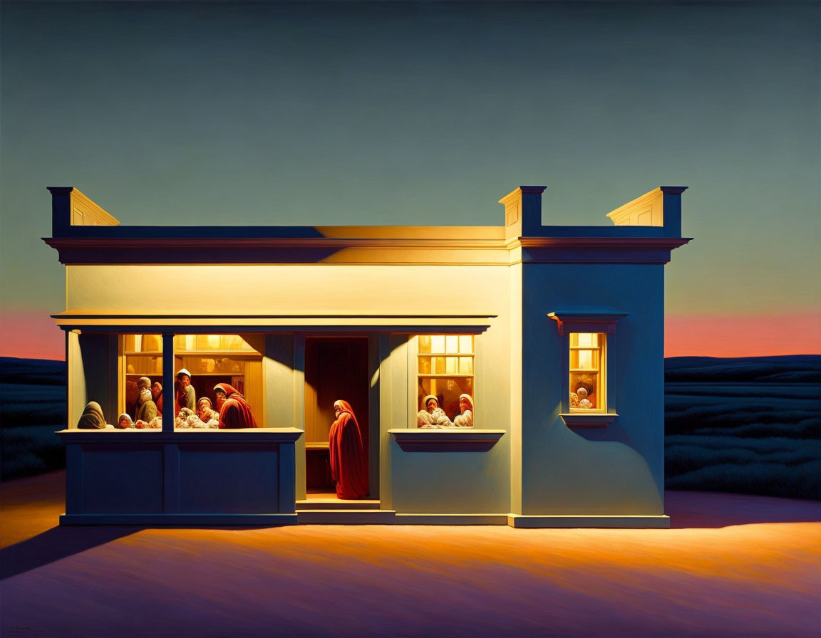 Surreal painting of house with red-robed figures at twilight