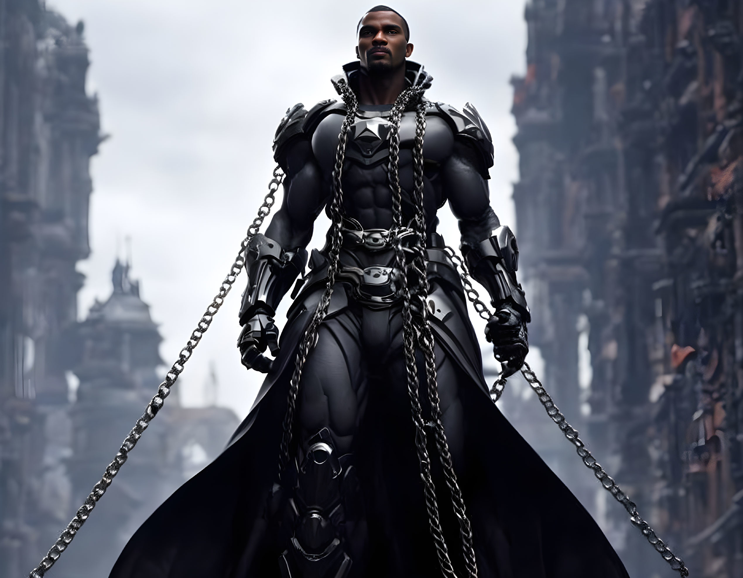 Dark armored figure in chains amidst gothic ruins.