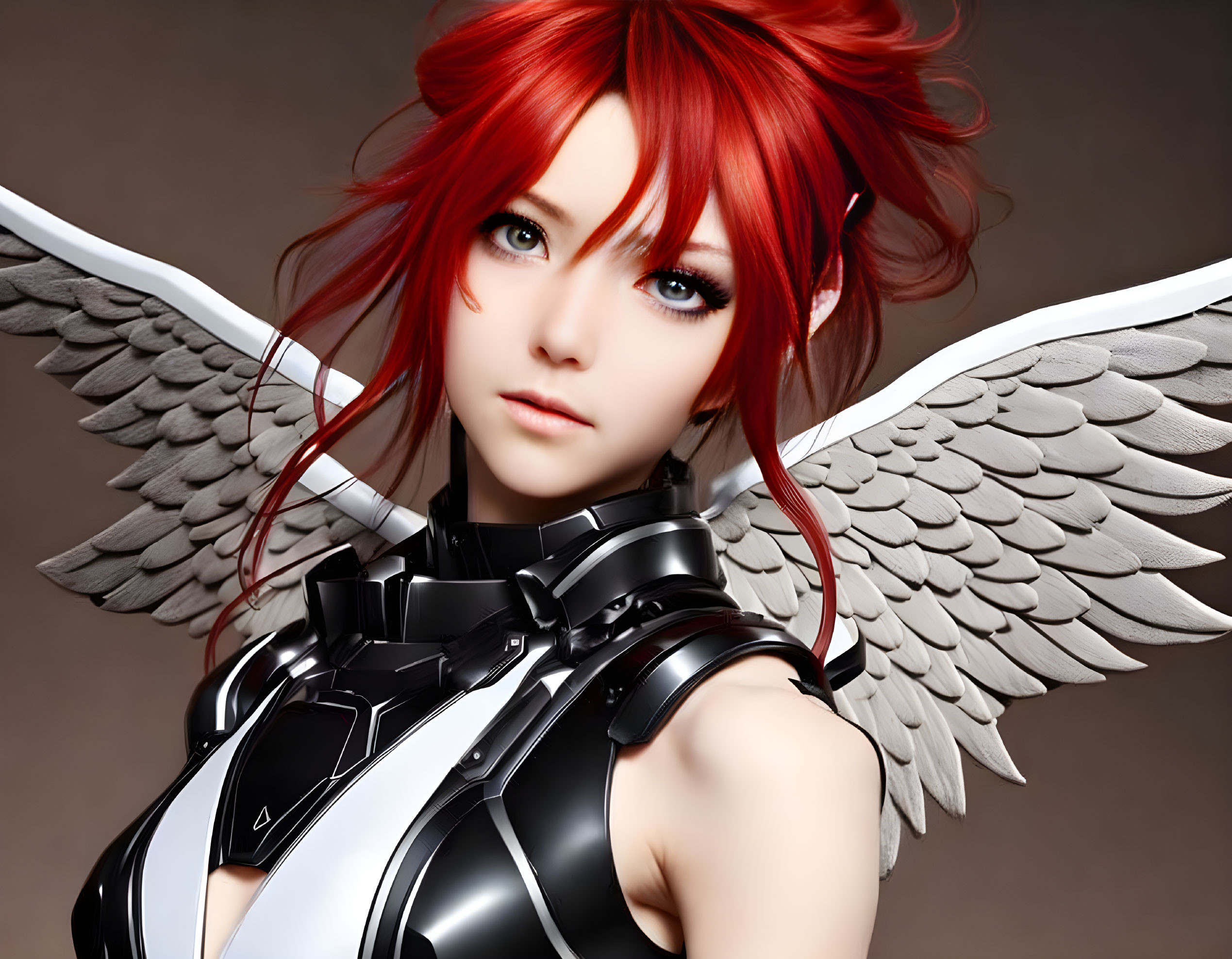 Red-Haired Female Character with White Wings in Black Armor on Brown Background