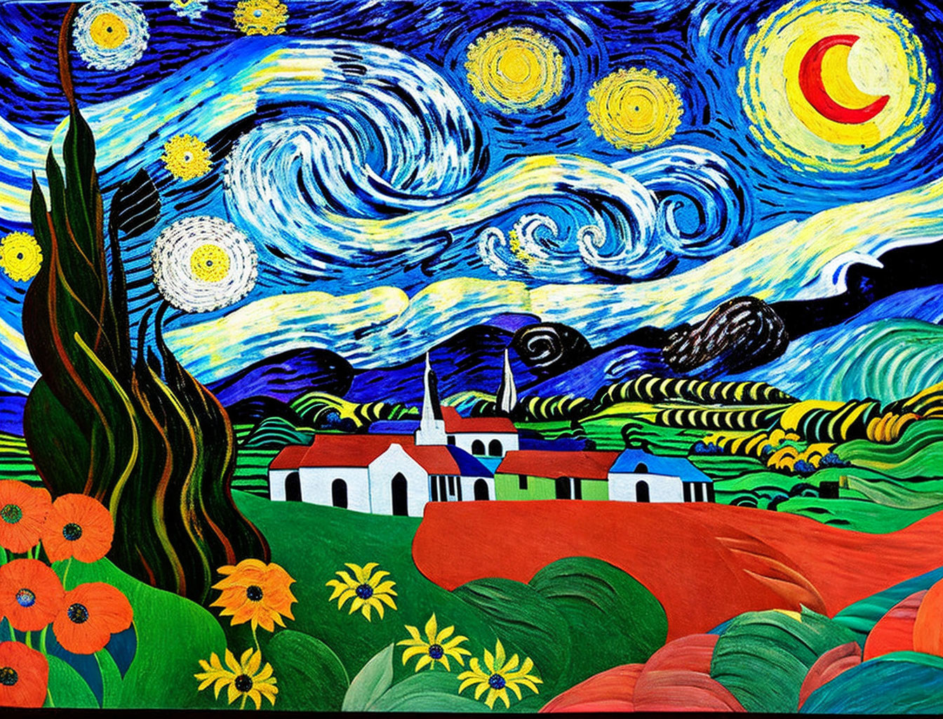 Vibrant swirling skies over rustic village in Van Gogh-style artwork